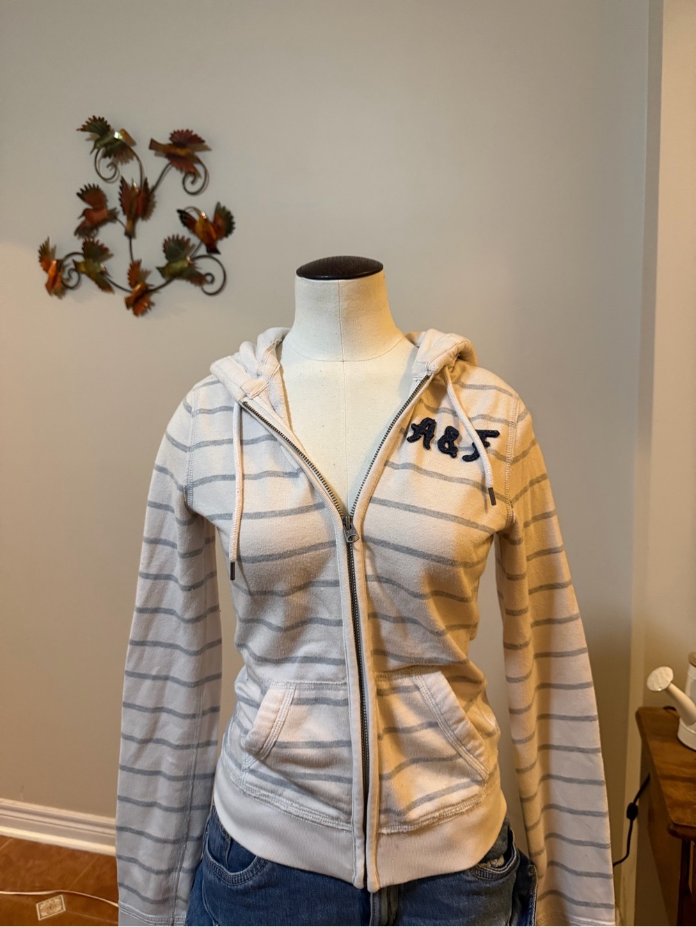Abercrombie & Fitch Cream and Gray Striped Zip Hoodie
